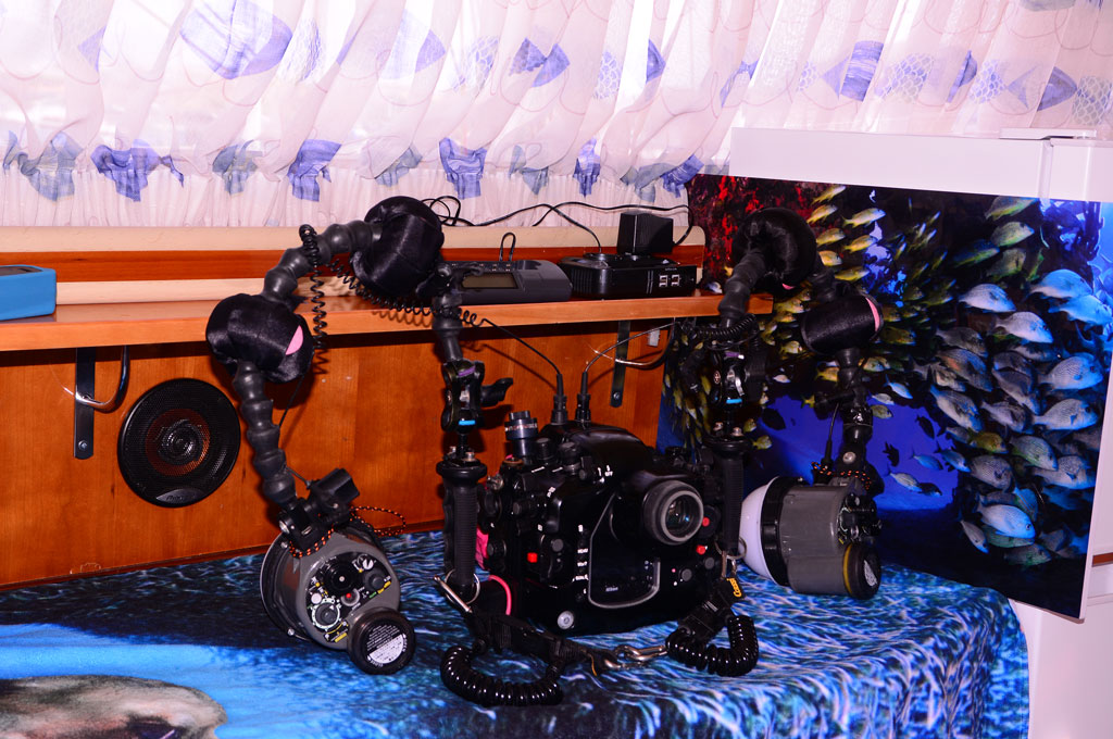 Carcasa de fotografia submarina en barco yate de centro de buceo en Tenerife Sur Las Galletas